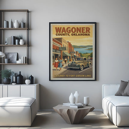 Poster of Wagoner County, Oklahoma with vintage truck and "Gateway to Fort Gibson Lake".