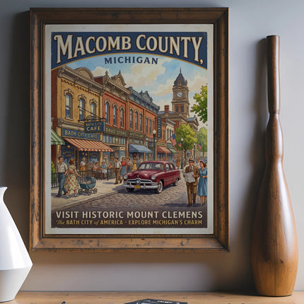 Macomb County Michigan poster features historic Mount Clemens street scene and vintage cars.