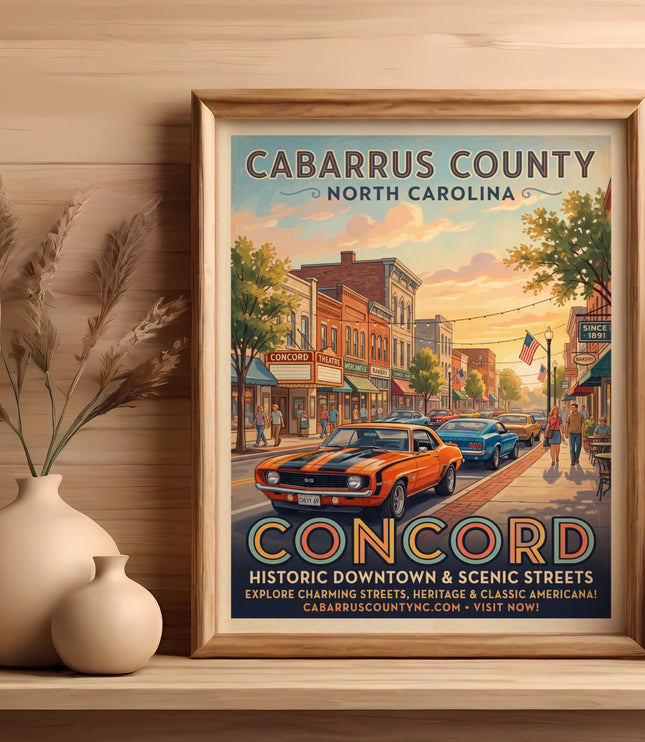 Framed art depicting Concord, North Carolina, with vintage cars and historic buildings.