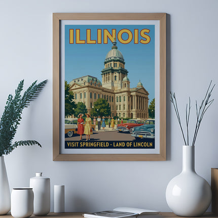 Vintage "Illinois - Land of Lincoln" poster featuring state capitol building and classic cars.