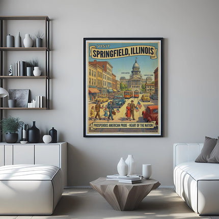 Poster for Springfield, Illinois, featuring the State Capitol and Lincoln's Home.