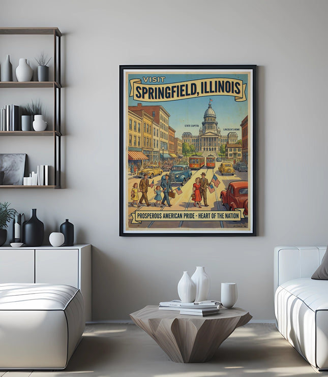 Poster for Springfield, Illinois, featuring the State Capitol and Lincoln's Home.