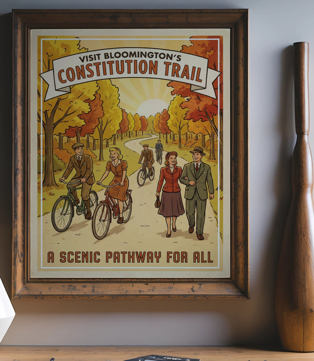 Poster for "Constitution Trail" showing people cycling and walking with autumn foliage.