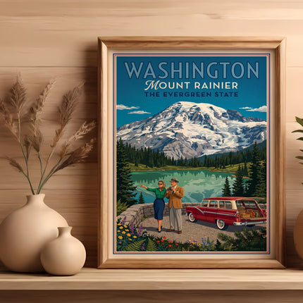 Washington Mount Rainier The Evergreen State vintage travel poster.
