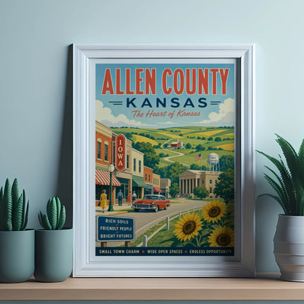 Allen County, Kansas travel poster with small town scene and sunflower field.