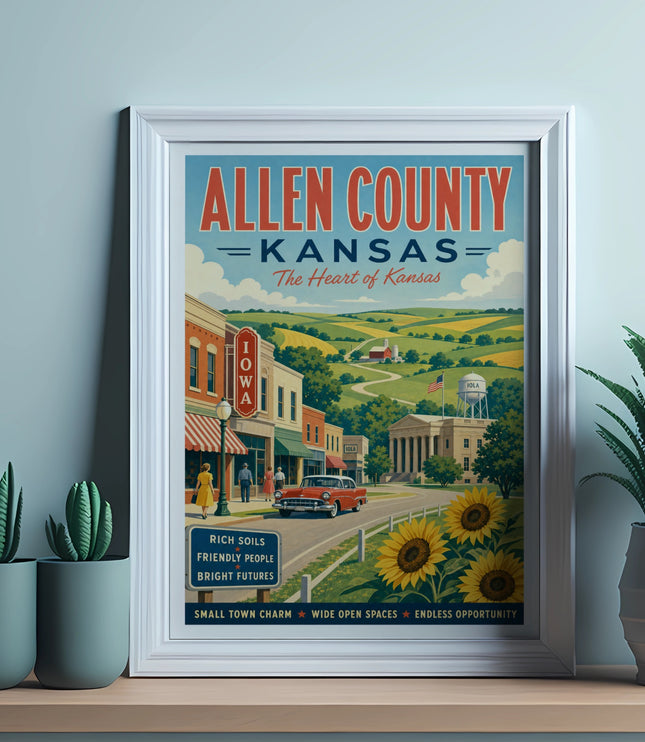 Allen County, Kansas travel poster with small town scene and sunflower field.