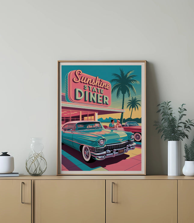 Vintage Sunshine State Diner poster with retro cars and palm trees.