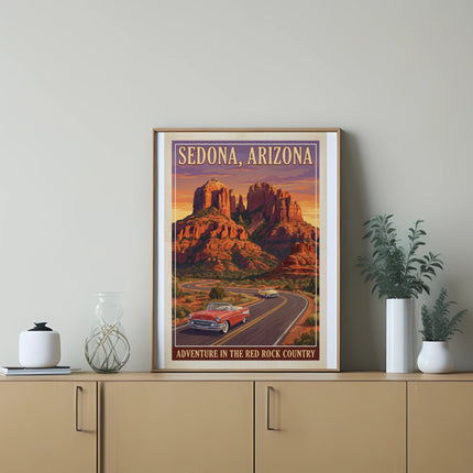 Vintage art of Sedona, Arizona with red rock formations and vintage cars on a road.