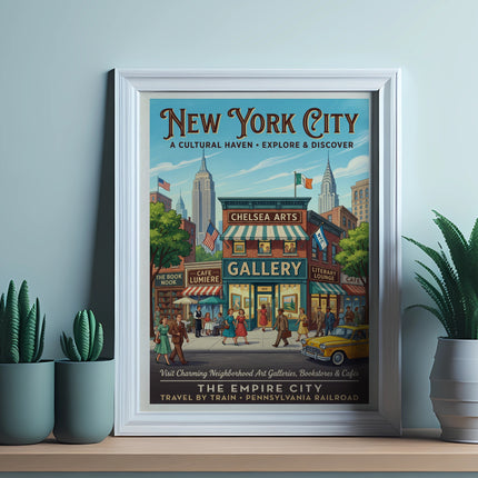 New York City travel poster featuring art galleries, bookstores, and cafes.