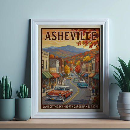 Vintage Asheville, North Carolina poster with autumn scenery and classic cars.
