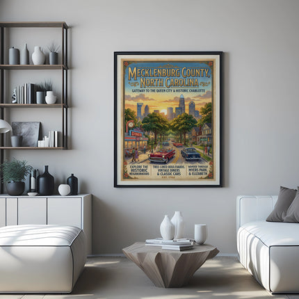 Mecklenburg County, North Carolina vintage travel poster with cityscape and text.