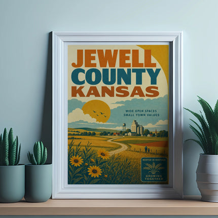 Poster for Jewell County, Kansas featuring wide open spaces and small towns.