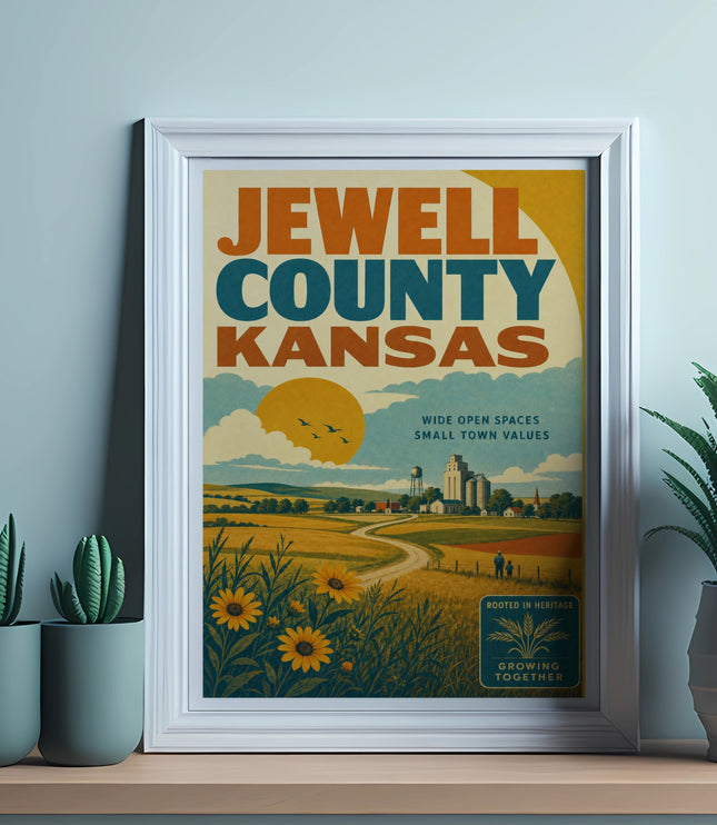 Poster for Jewell County, Kansas featuring wide open spaces and small towns.