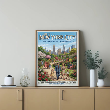 Vintage New York City poster: gardens, park, skyline, "Summer 1947".