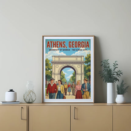 Athens, Georgia university vintage poster with archway and people walking.