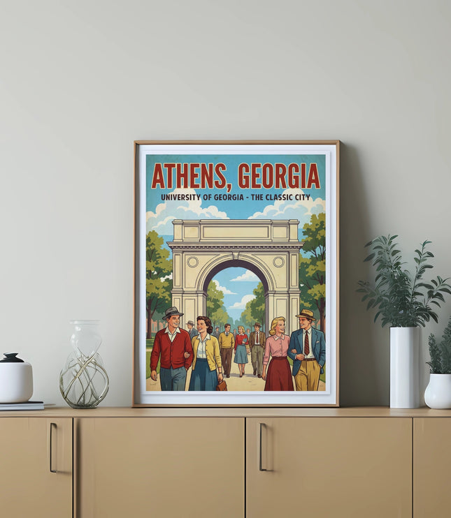 Athens, Georgia university vintage poster with archway and people walking.