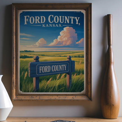 Ford County, Kansas sign in a field under a cloudy sky.