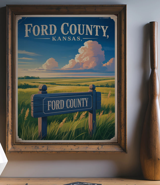 Ford County, Kansas sign in a field under a cloudy sky.