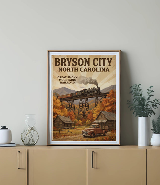 Poster of Bryson City, North Carolina with a train crossing a trestle bridge over autumn trees.