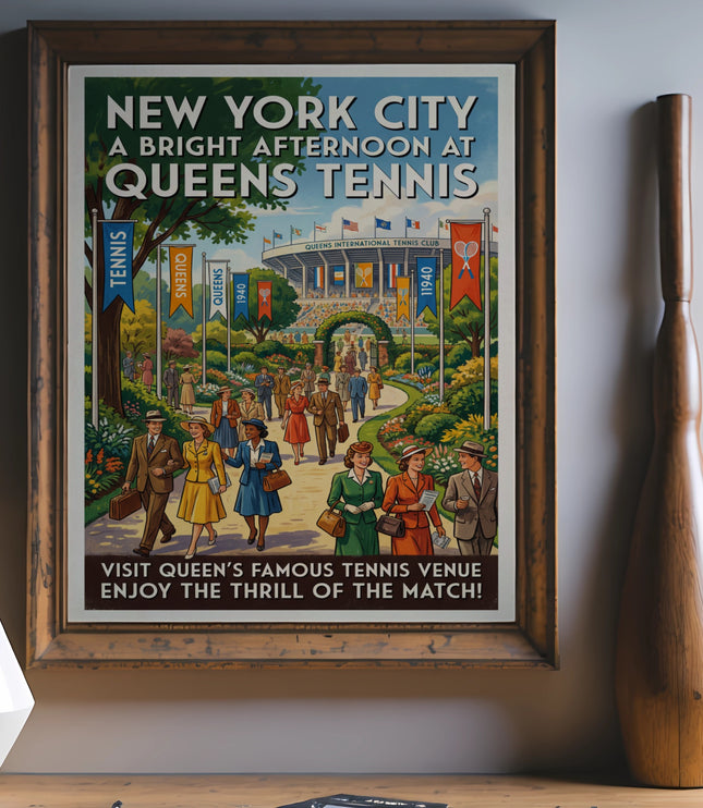 New York City Queens Tennis poster with vintage style and text.