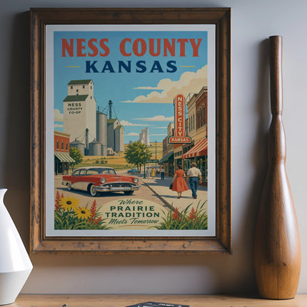 Ness County Kansas poster with "Where Prairie Tradition Meets Tomorrow" text.
