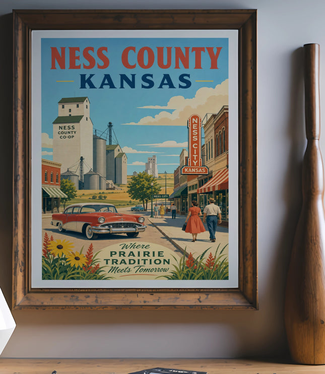 Ness County Kansas poster with "Where Prairie Tradition Meets Tomorrow" text.
