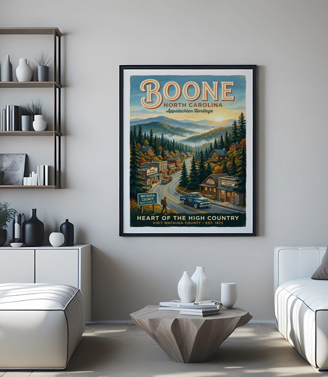 Vintage Boone, North Carolina poster showing a mountain town and the text "Heart of the High Country".