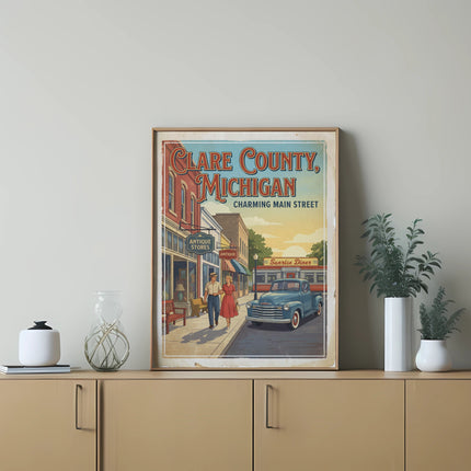 Clare County Michigan charming main street vintage travel poster with couple and diner.