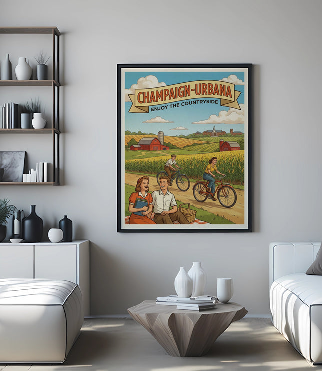 Champlain-Urbana enjoy the countryside vintage poster with people picnicking and cycling.
