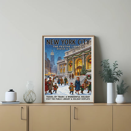 New York City Winter travel poster with a festive library scene and holiday displays.