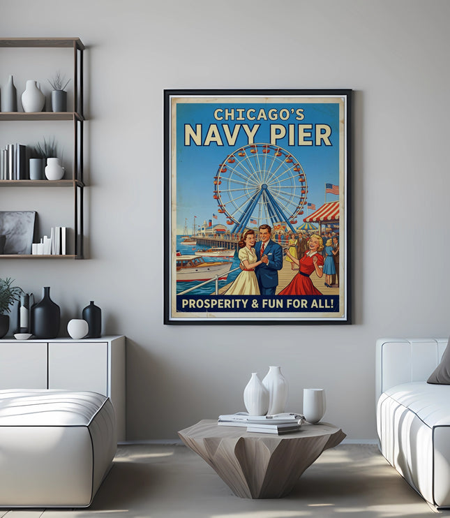 Chicago's Navy Pier vintage poster with Ferris wheel, couple, and boats.