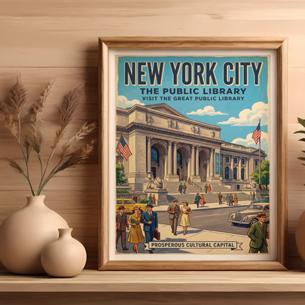 New York City Public Library vintage poster with people and cars.