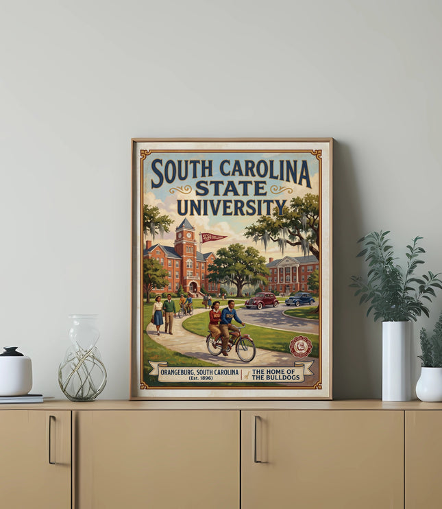 South Carolina State University campus scene with students and buildings.