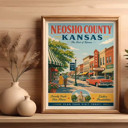 Vintage poster of Neosho County, Kansas, featuring Chanute and welcoming visitors.