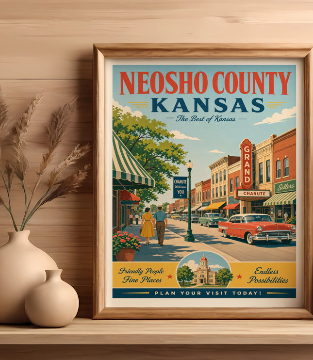 Vintage poster of Neosho County, Kansas, featuring Chanute and welcoming visitors.