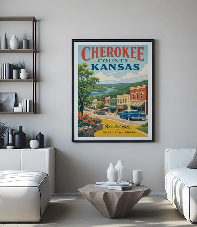 Framed "Cherokee County Kansas" travel poster with small town scene and cars.