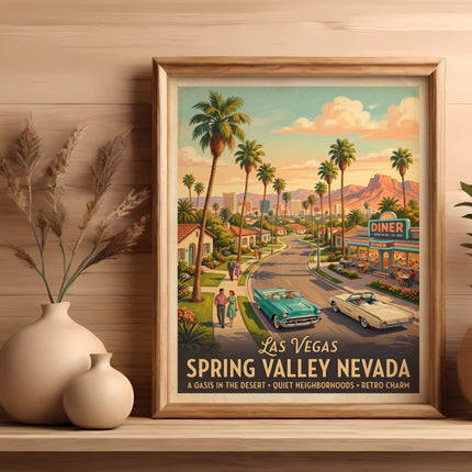 Retro poster of Las Vegas Spring Valley Nevada with diners and classic cars.