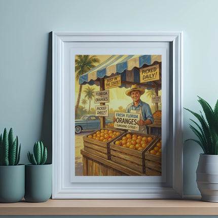 Framed sign with man, oranges, and "Fresh Florida Oranges" text.