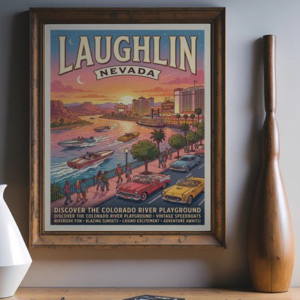 Laughlin Nevada travel poster with vintage speedboats on the Colorado River.