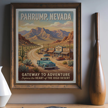 Vintage travel poster for Pahrump, Nevada, with desert scene and text "Gateway to Adventure".