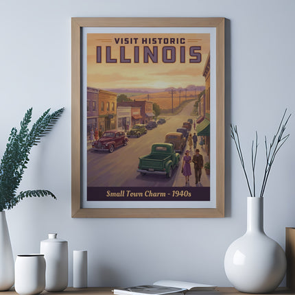 Vintage poster for Illinois showing a small town street scene.