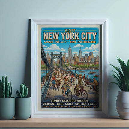 Vintage New York City poster depicting people biking across bridges.