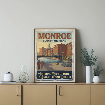 Monroe, Michigan retro travel poster featuring a riverfront scene.