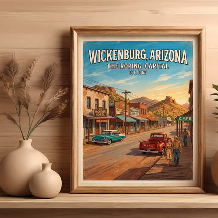 Wickenburg, Arizona poster with vintage street scene, cars, and text.
