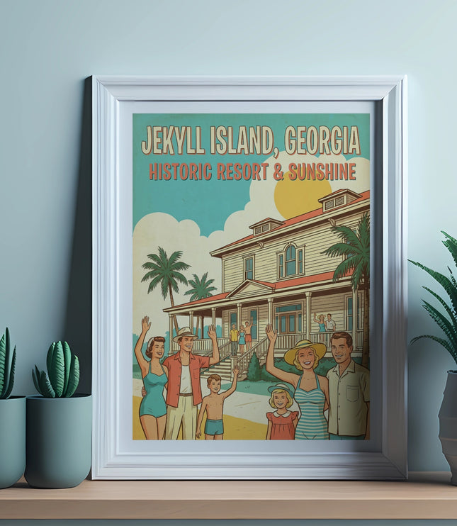 Poster for Jekyll Island Historic Resort, Georgia with families by a large house.