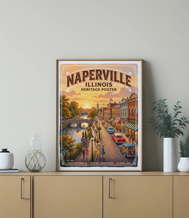 Naperville, Illinois heritage poster depicting downtown riverwalk at sunset with shops and cars.