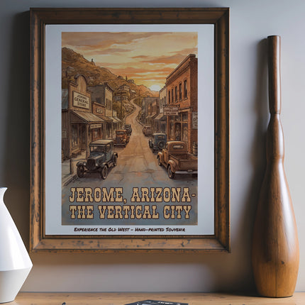 Vintage poster of Jerome, Arizona, depicting a vertical street with old cars and buildings.