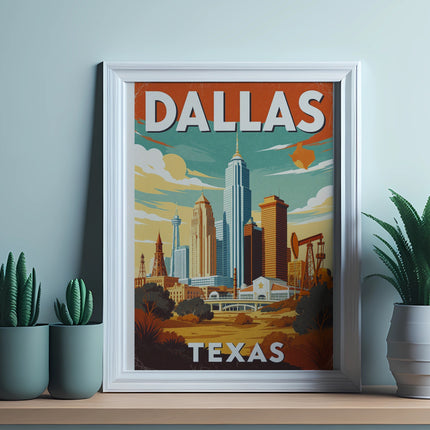 Framed Dallas skyline art with oil pump and desert plants.