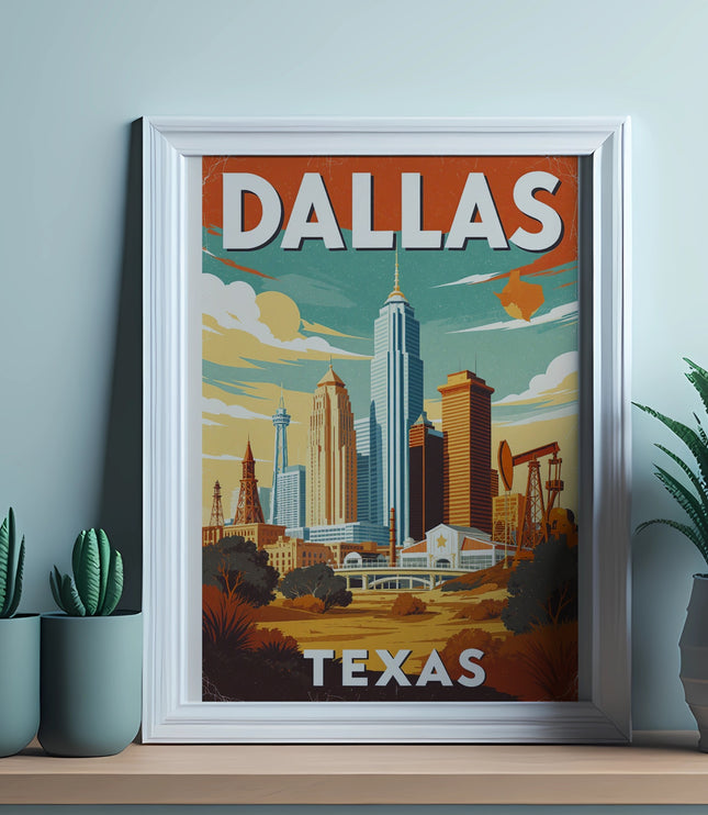 Framed Dallas skyline art with oil pump and desert plants.