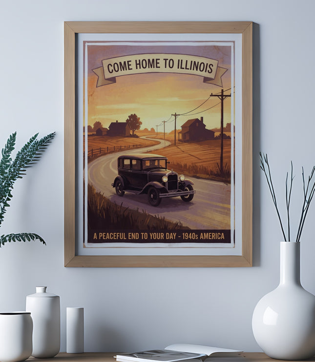Vintage Illinois tourism poster with a car on a country road, "Come Home to Illinois" text.